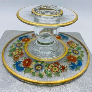 Vintage Clear Glass Candle Holder Multi/Color Floral Design Accented With Gold